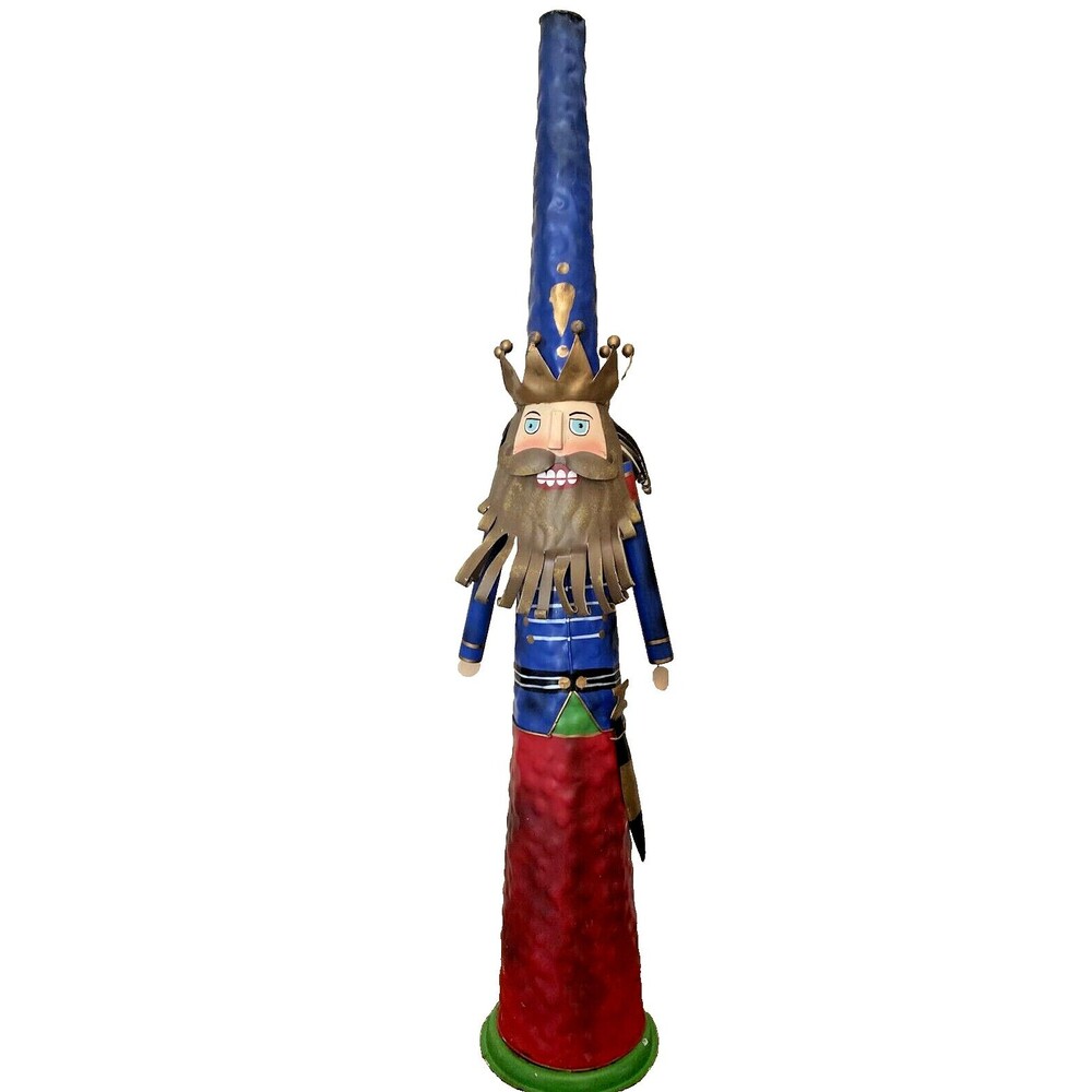 Whimsical Vibrant Painted Metal Nutcracker Conical Figure 25" High Soldier Vtg